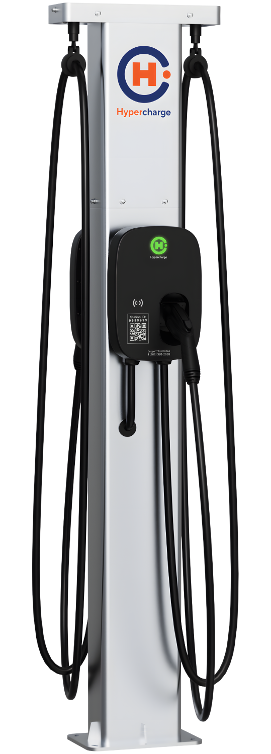 A Hypercharge electric vehicle charging station with two charging cables, a digital screen, and the Hypercharge logo on top. The unit is white with black accents and cables.