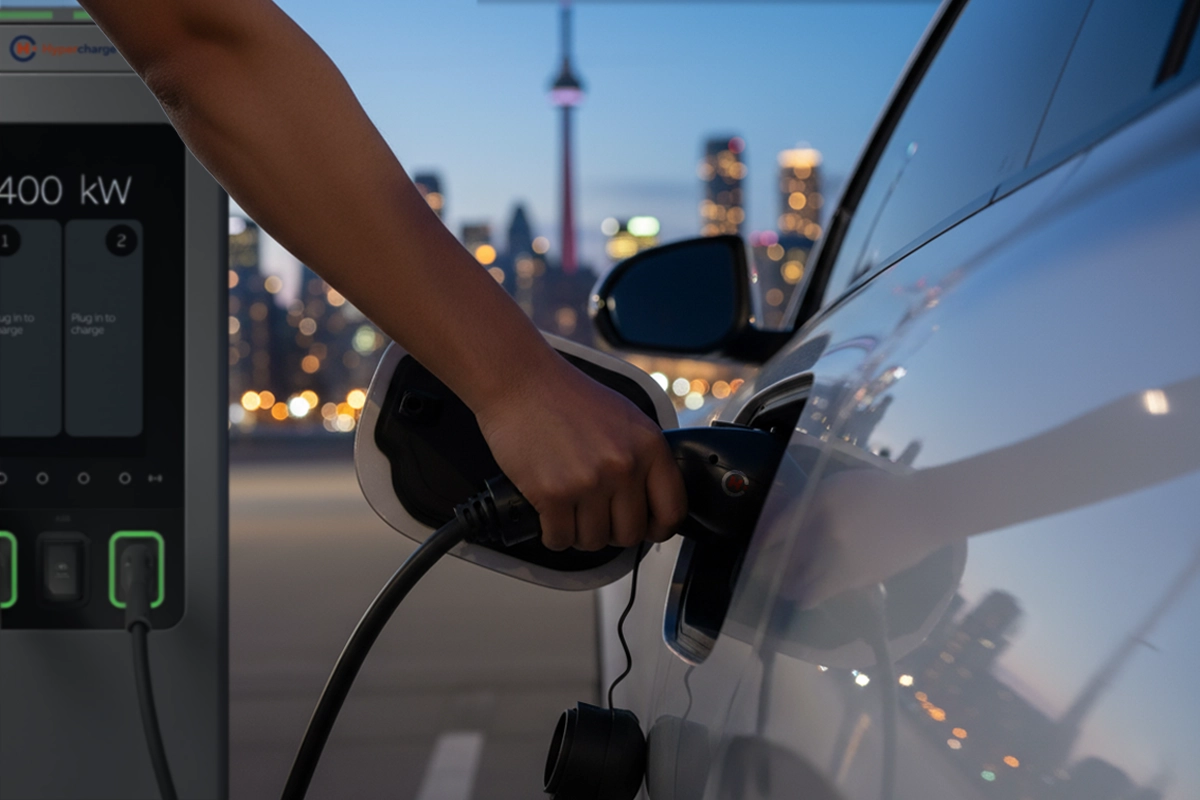 A person plugs a charging cable into an electric car with the Toronto, Ontario skyline and tall buildings illuminated at dusk and a Hypercharge DC Fast EV charging station in the background, highlighting the seamless convenience of ChargeON. A person plugs a charging cable into an electric car with the Toronto, Ontario skyline and tall buildings illuminated at dusk and a Hypercharge DC Fast EV charging station in the background, highlighting the seamless convenience of ChargeON.