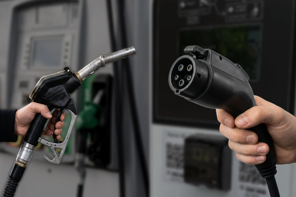 A person holds a gasoline pump nozzle on the left, while another hand holds an electric vehicle charging plug on the right, symbolizing the choice between fuel and electric cars and raising the question: How Much You Can Save Each Year? A person holds a gasoline pump nozzle on the left, while another hand holds an electric vehicle charging plug on the right, symbolizing the choice between fuel and electric cars and raising the question: How Much You Can Save Each Year?