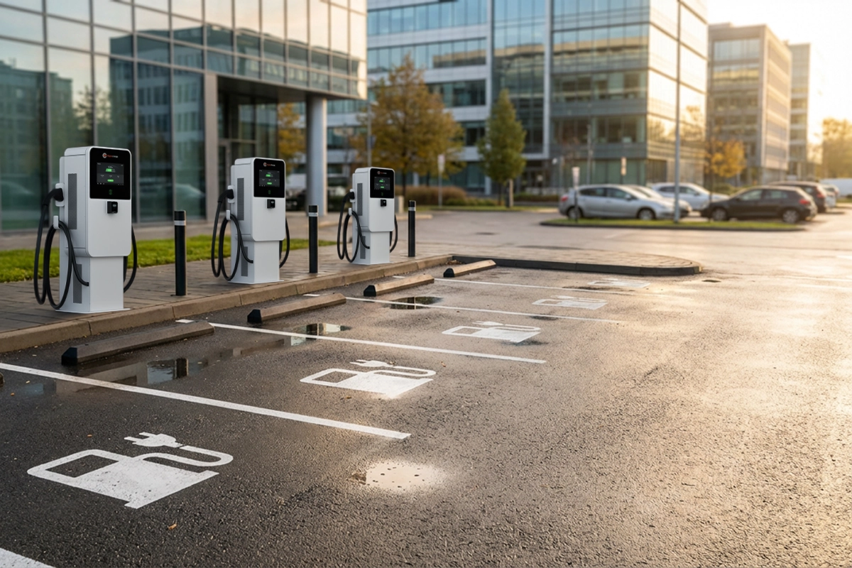 A row of electric vehicle charging stations in a parking lot outside modern office buildings, highlighting the 5 Most Common Issues with Public EV Charging, with several empty EV spots and a few parked cars in the background.