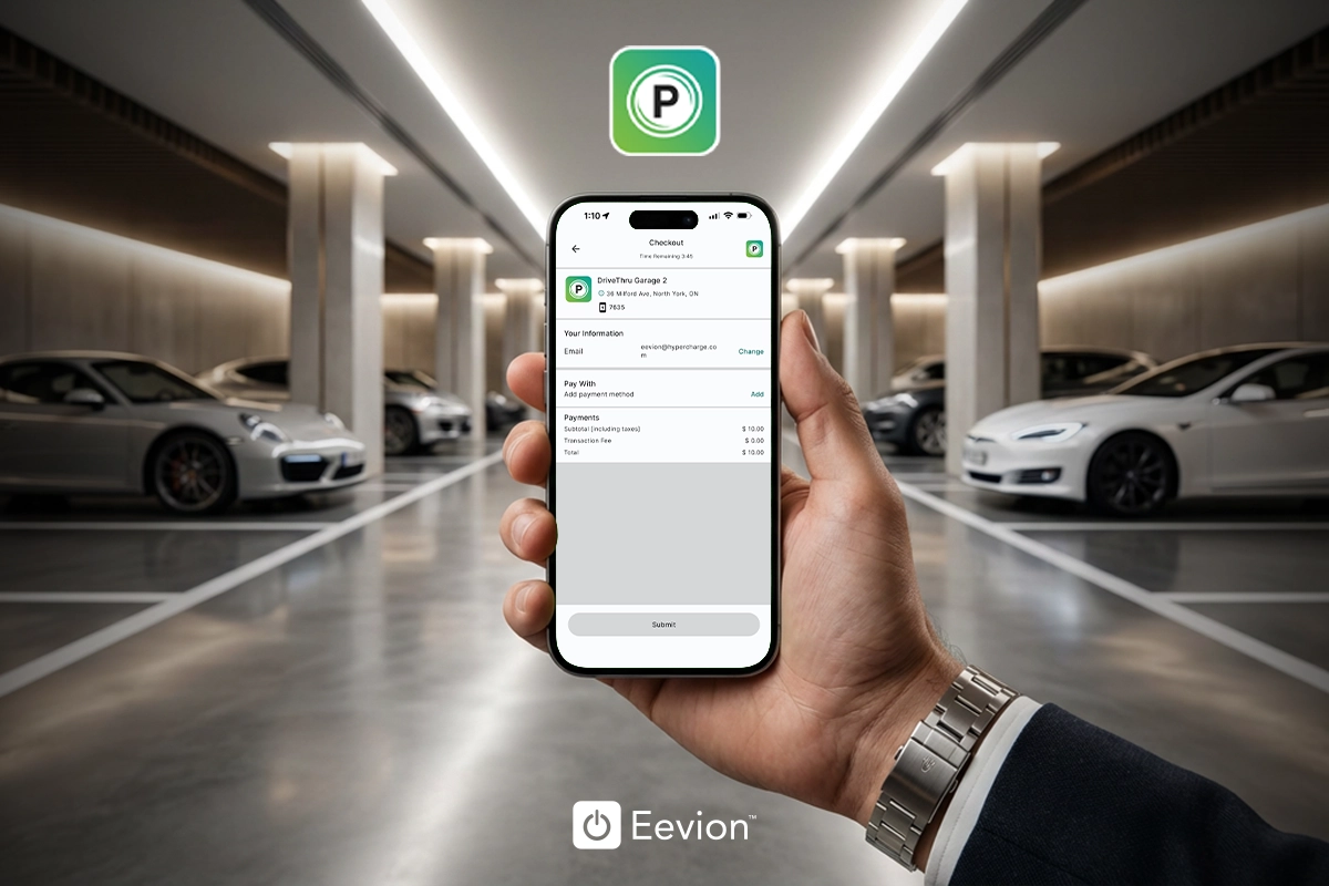 A hand holds a smartphone displaying the Precise ParkLink Parkedin parking app in a modern, well-lit garage. The app shows parking and EV charging together, with a green icon glowing above the phone among luxury cars.