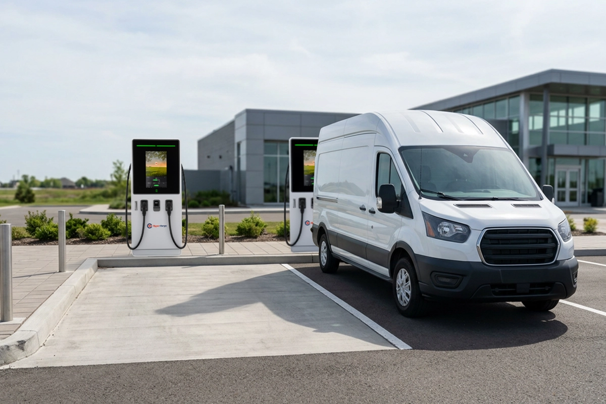 A white van is parked at an electric vehicle charging station outside a modern building on a clear day, highlighting how public EV charging for fleets presents some of the biggest opportunities in sustainable transportation.