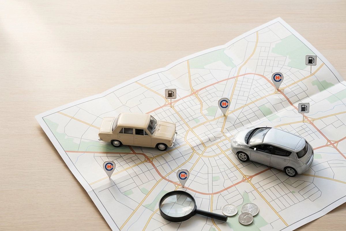 A paper city map with symbols sits on a table. Two toy cars, coins, and a magnifying glass highlight travel planning—raising questions like How Fuel Efficient are EVs: Cost per Distance to Drive Electric.