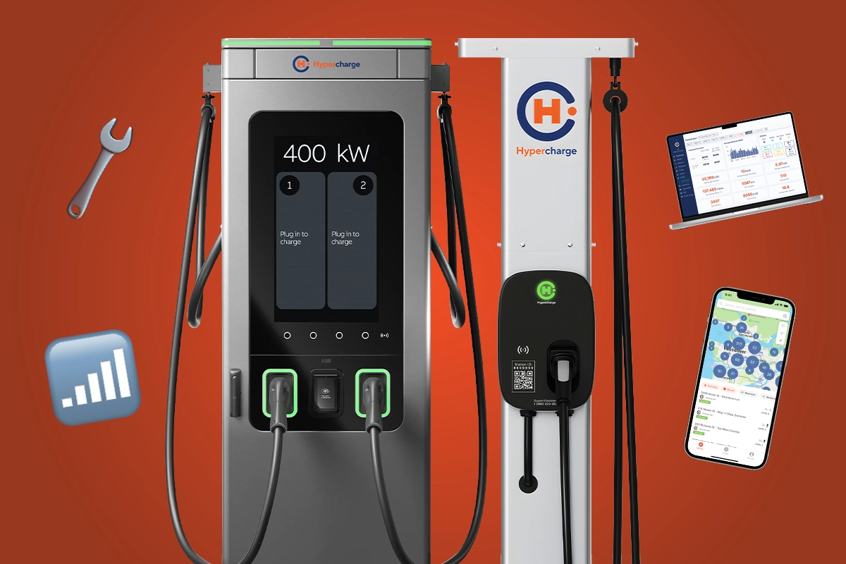 Two electric vehicle charging stations—one digital, one basic—stand against a red background with icons. Explore how much it costs to operate EV charging stations for apartments, condos, and businesses in this dynamic visual.