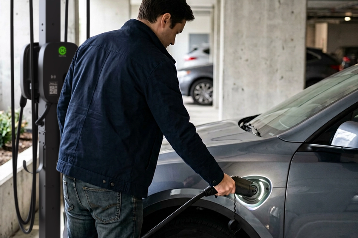 A man in a blue jacket plugs a Hypercharge charging cable into an electric car at a charging station in a parking garage, illustrating the real-life process while answering Reddit’s top questions about EV charging.